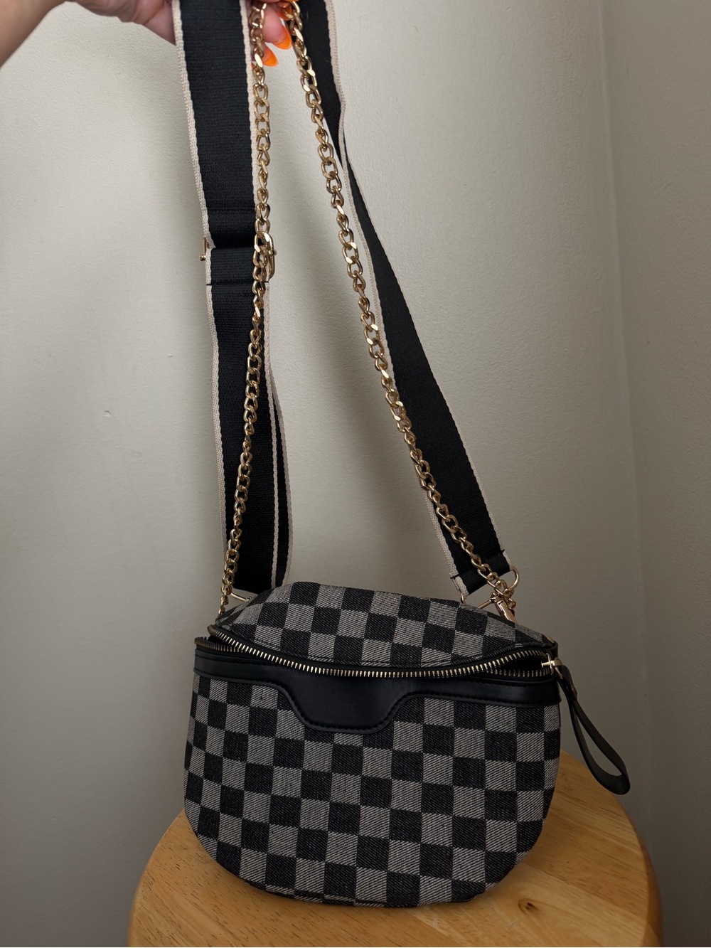 Black & Gray Check Crossbody Bag with Gold Chain Strap